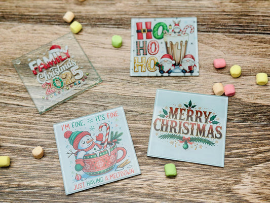 Christmas Glass Coaster Set | Funny Holiday Coasters | Merry Christmas, Gnome, Snowman & Family 2025 Designs | Festive Drink Coaster Gift