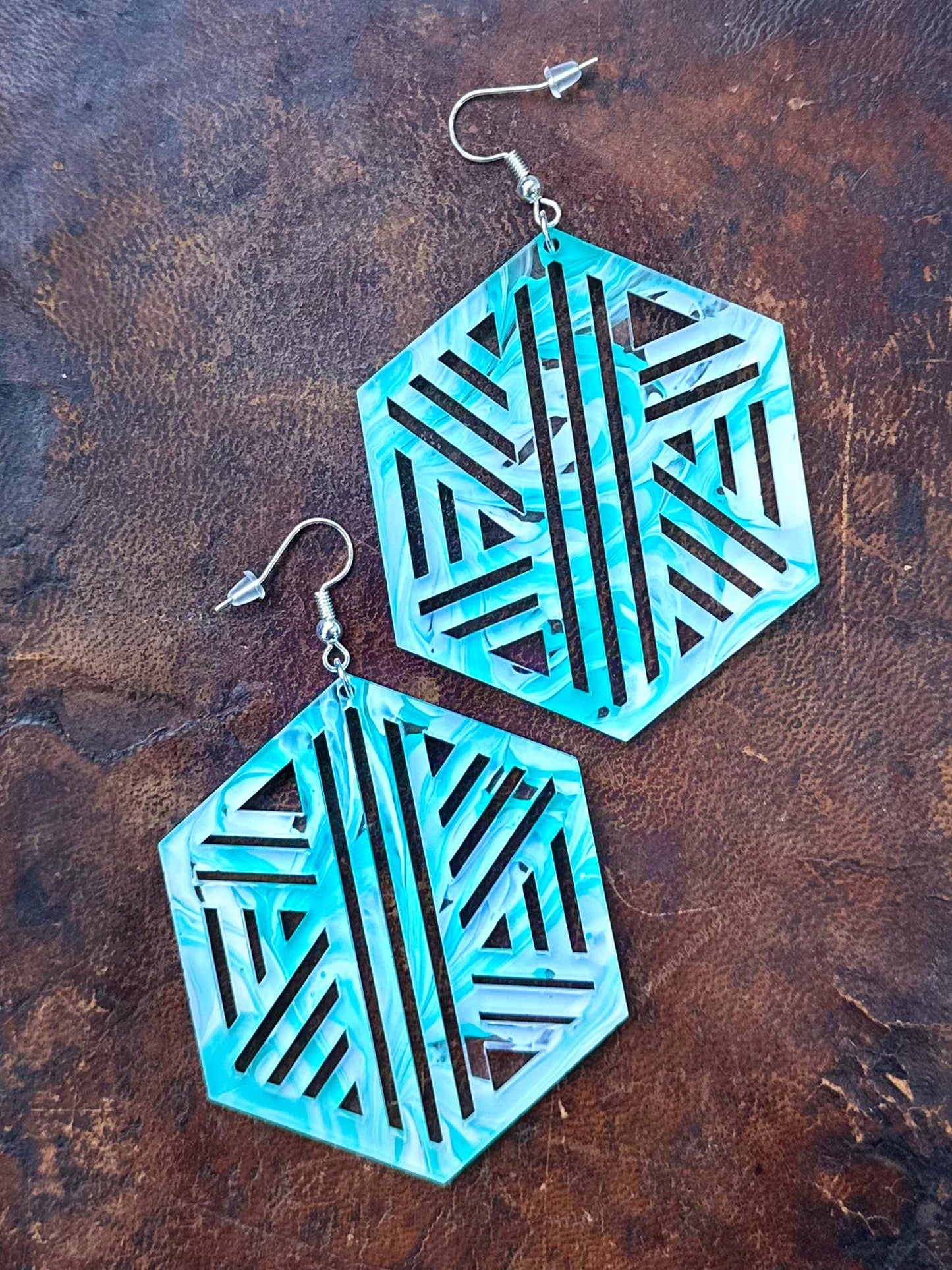 Modern Hexagon Acrylic Earrings | Lightweight Geometric Dangle Jewelry with Silver Plated Hoops