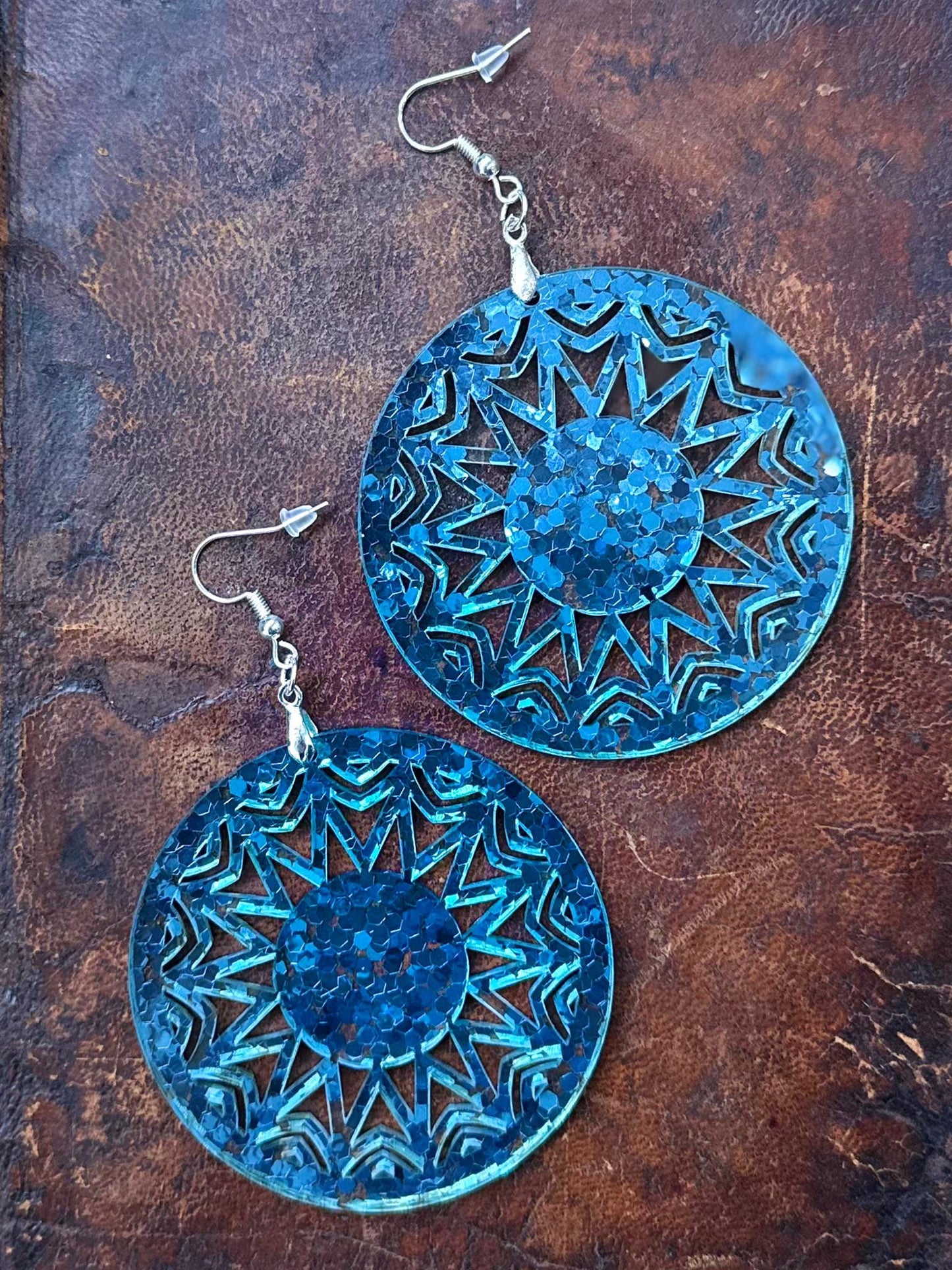 Sparkling Blue Mandala Earrings | Lightweight Round Acrylic Dangle Jewelry
