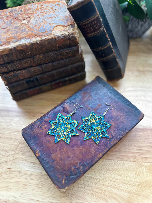 Artisan Handcrafted Mandala Star Earrings - Vibrant Teal and Gold Laser-Cut Design