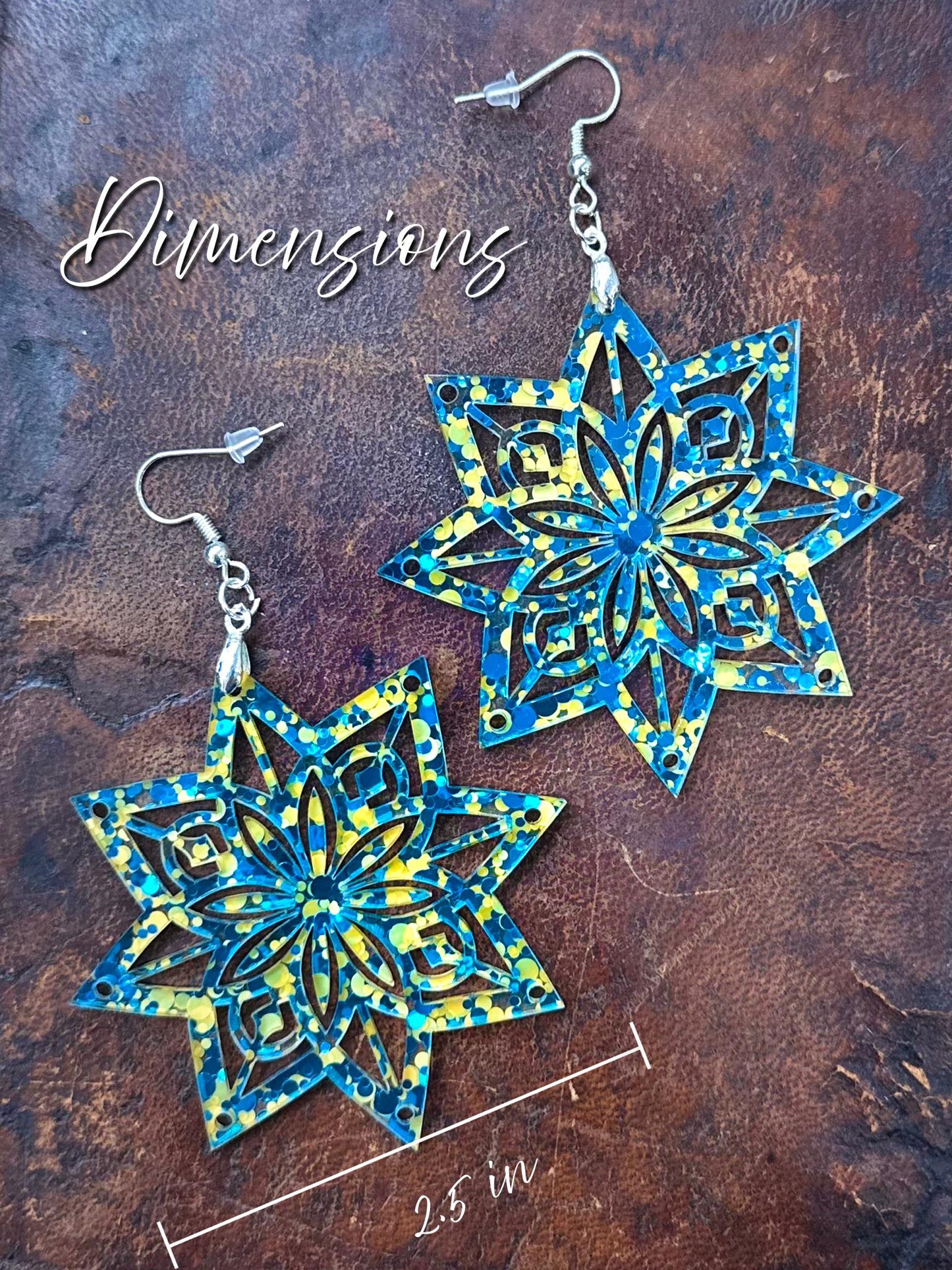 Artisan Handcrafted Mandala Star Earrings - Vibrant Teal and Gold Laser-Cut Design