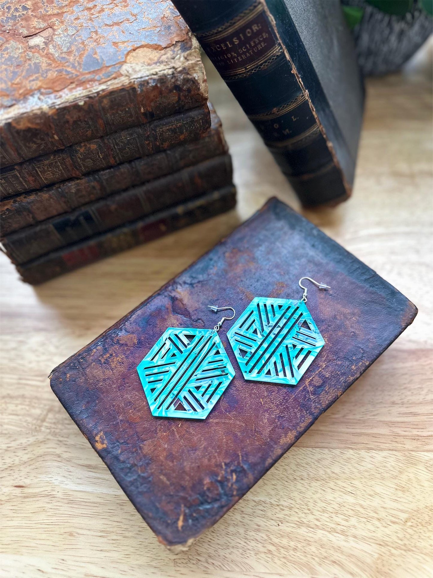 Modern Hexagon Acrylic Earrings | Lightweight Geometric Dangle Jewelry with Silver Plated Hoops