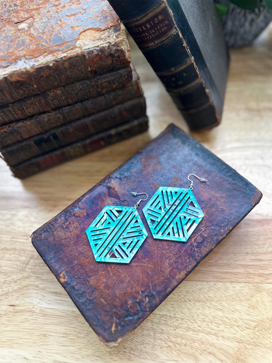 Modern Hexagon Acrylic Earrings | Lightweight Geometric Dangle Jewelry with Silver Plated Hoops