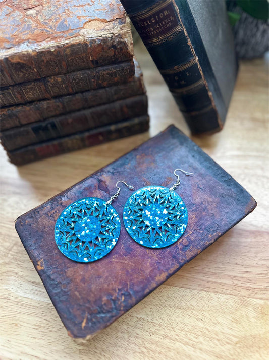 Sparkling Blue Mandala Earrings | Lightweight Round Acrylic Dangle Jewelry