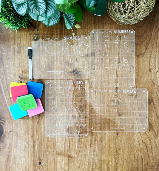 Personalized Acrylic Tracing Board Set of 4 - Name, Letters, Numbers, Shapes | Montessori & Homeschool Learning | Dry Erase writing practice