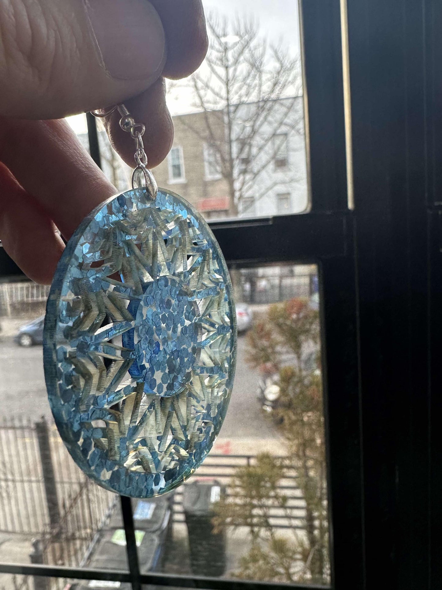 Sparkling Blue Mandala Earrings | Lightweight Round Acrylic Dangle Jewelry