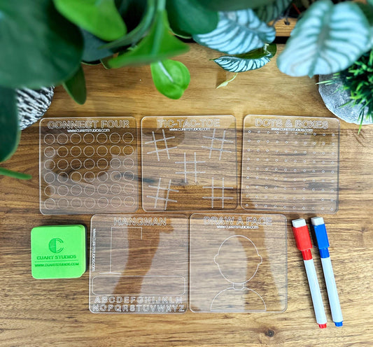 Travel Game Set –Reusable Acrylic Boards –Dry Erase Fun for Kids and Adults –Compact & Portable Entertainment for Road Trips and Travel