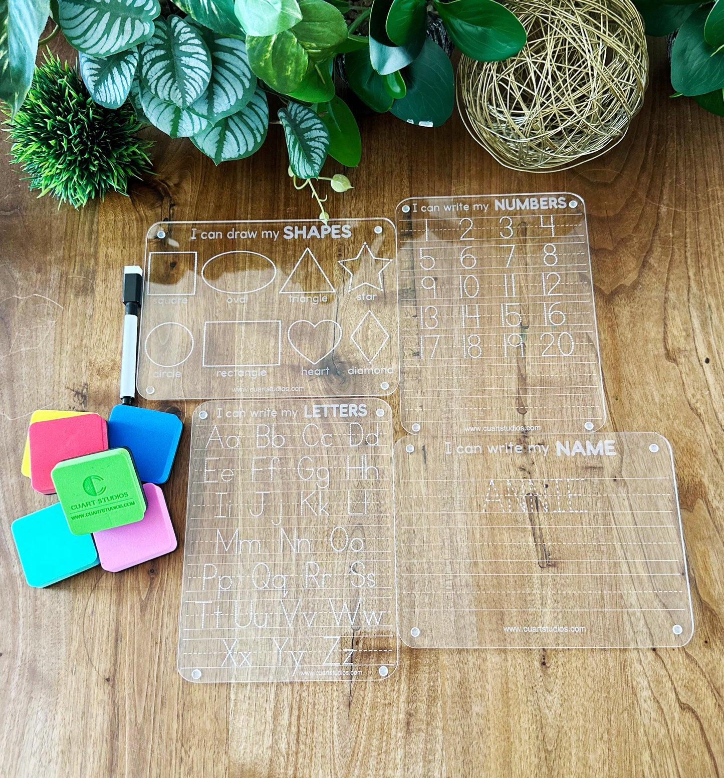 Personalized Acrylic Tracing Board Set of 4 - Name, Letters, Numbers, Shapes | Montessori & Homeschool Learning | Dry Erase writing practice