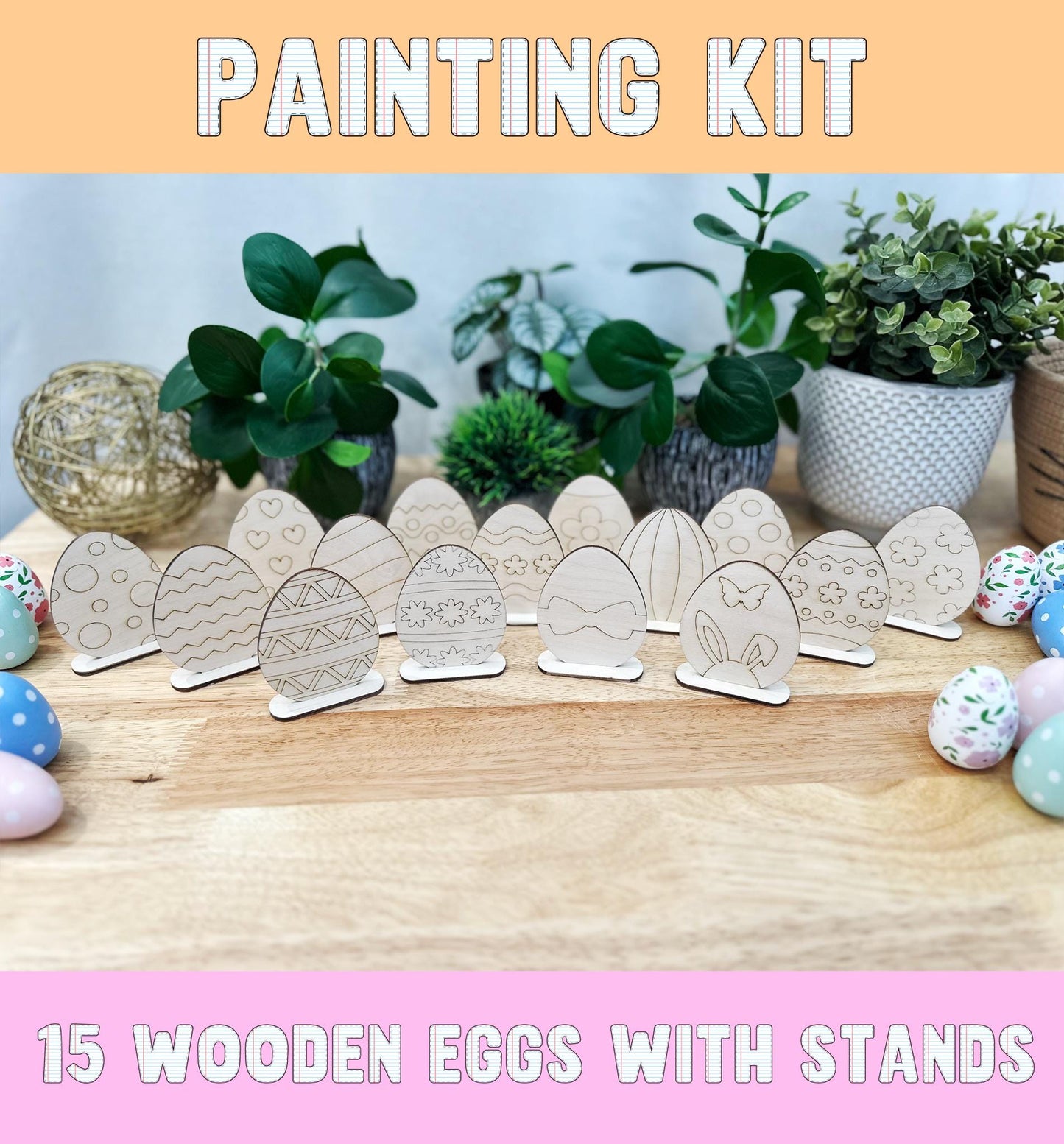 DIY Easter Egg Painting Kit – 15 DIY Standing Eggs with Paints and Brushes – Wooden Eggs for Painting – DIY Art Kit for Kids and Adults
