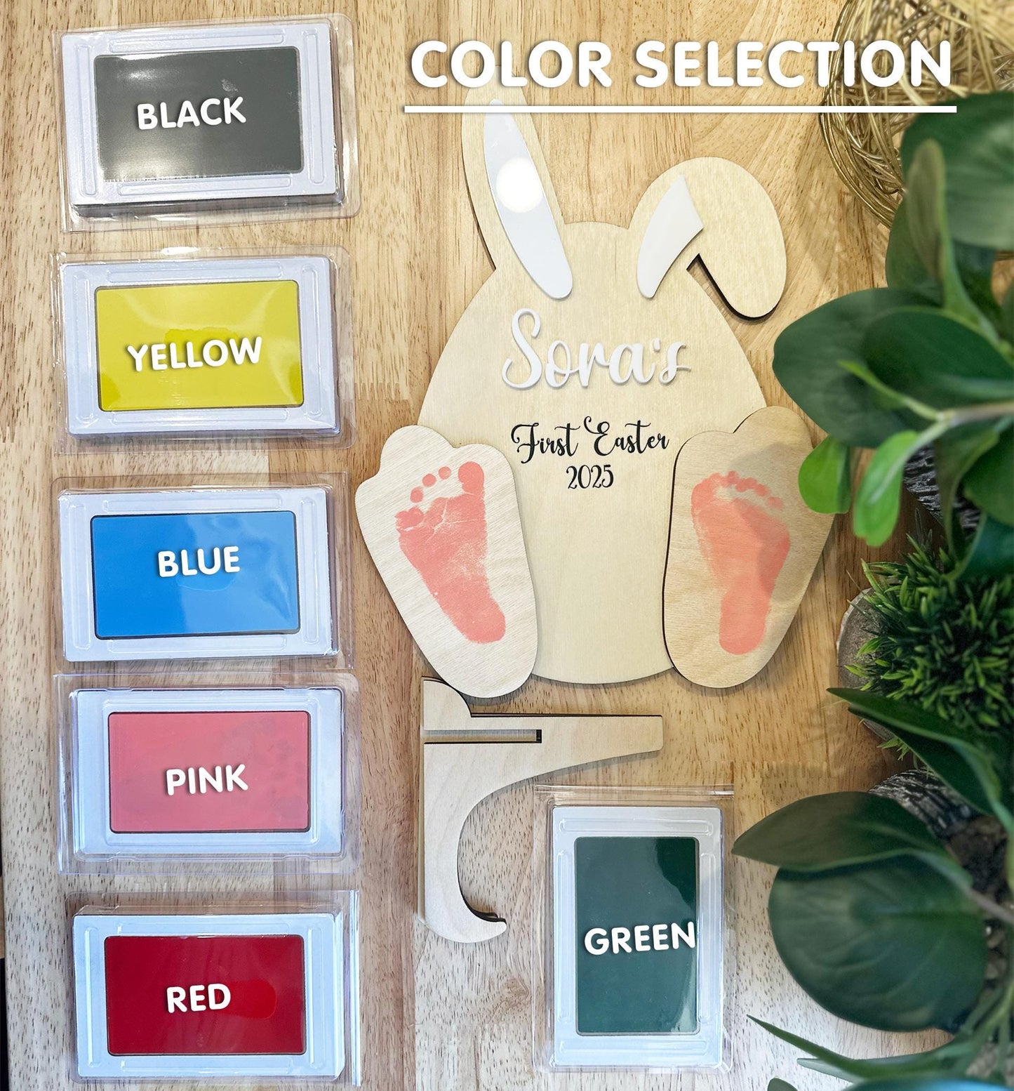 Personalized Wooden Bunny Easter Keepsake | Custom Name & Footprint | Baby’s First Easter Gift | Handprint Memory Display