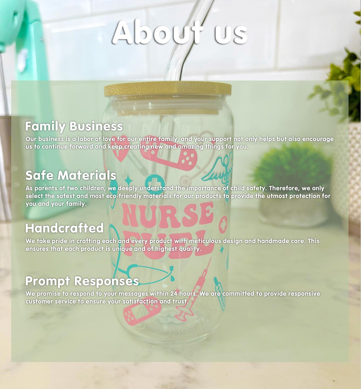 Personalized Iced Coffee Glass with Bamboo Lid & Straw , 16oz glass cup, Custom Name Engraving – Nurse Gift – Healthcare Worker gift
