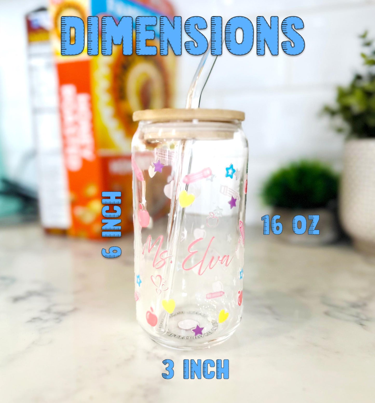 Personalized Iced Coffee Glass with Bamboo Lid and Straw - Back to School Gift – Cute Pencil & Apple Design – teacher gift