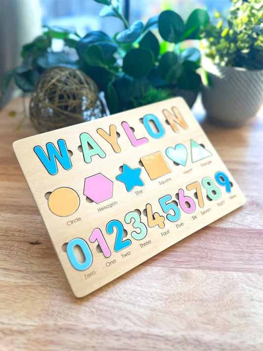Personalized Name Puzzle – Custom Toddler Learning Toy – Shapes, Numbers, & Name Puzzle – Montessori Gift for Kids – Educational Toy