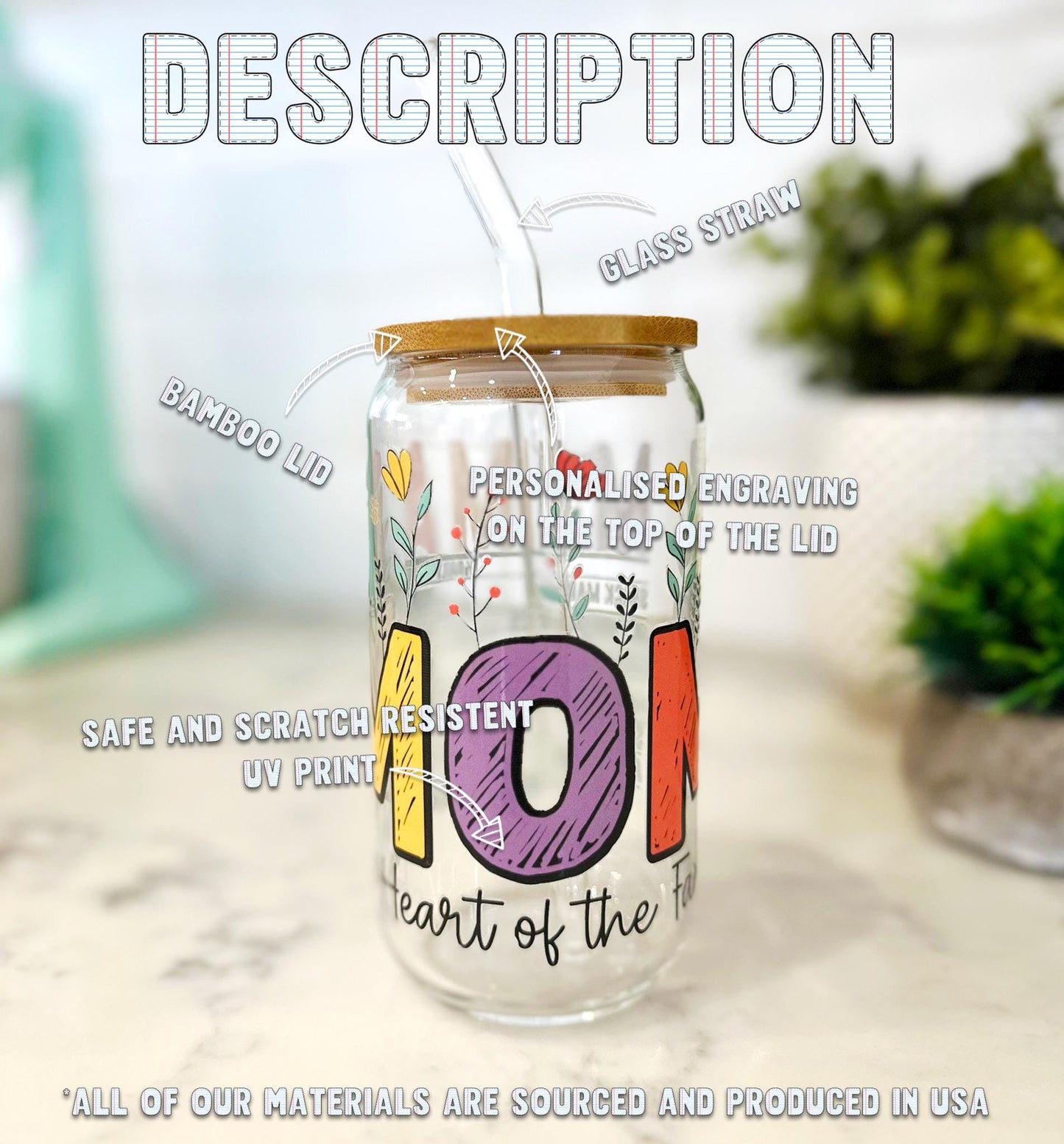 Personalized Mama Iced Coffee Glass with Bamboo Lid and Straw, Funny Mom Tumbler, Mother's Day Gift, Custom Mom Glass, Cute Mom Life Cup