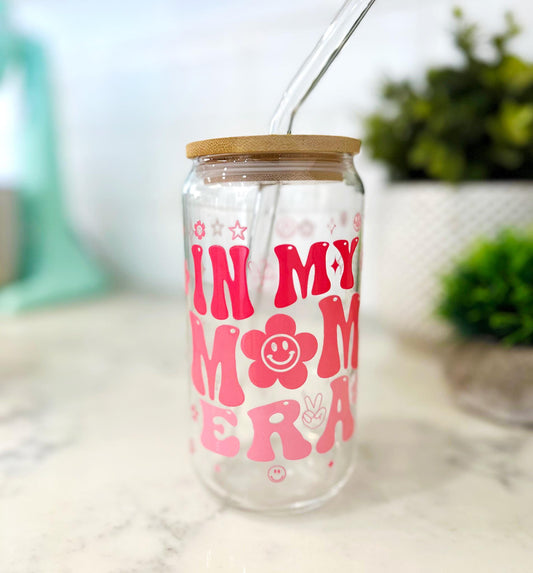 Personalized Iced Coffee Glass with Bamboo Lid and Straw, Retro Mom Tumbler, Mother's Day Gift, Groovy Mom Life Cup, 16oz Cute Mom Glass