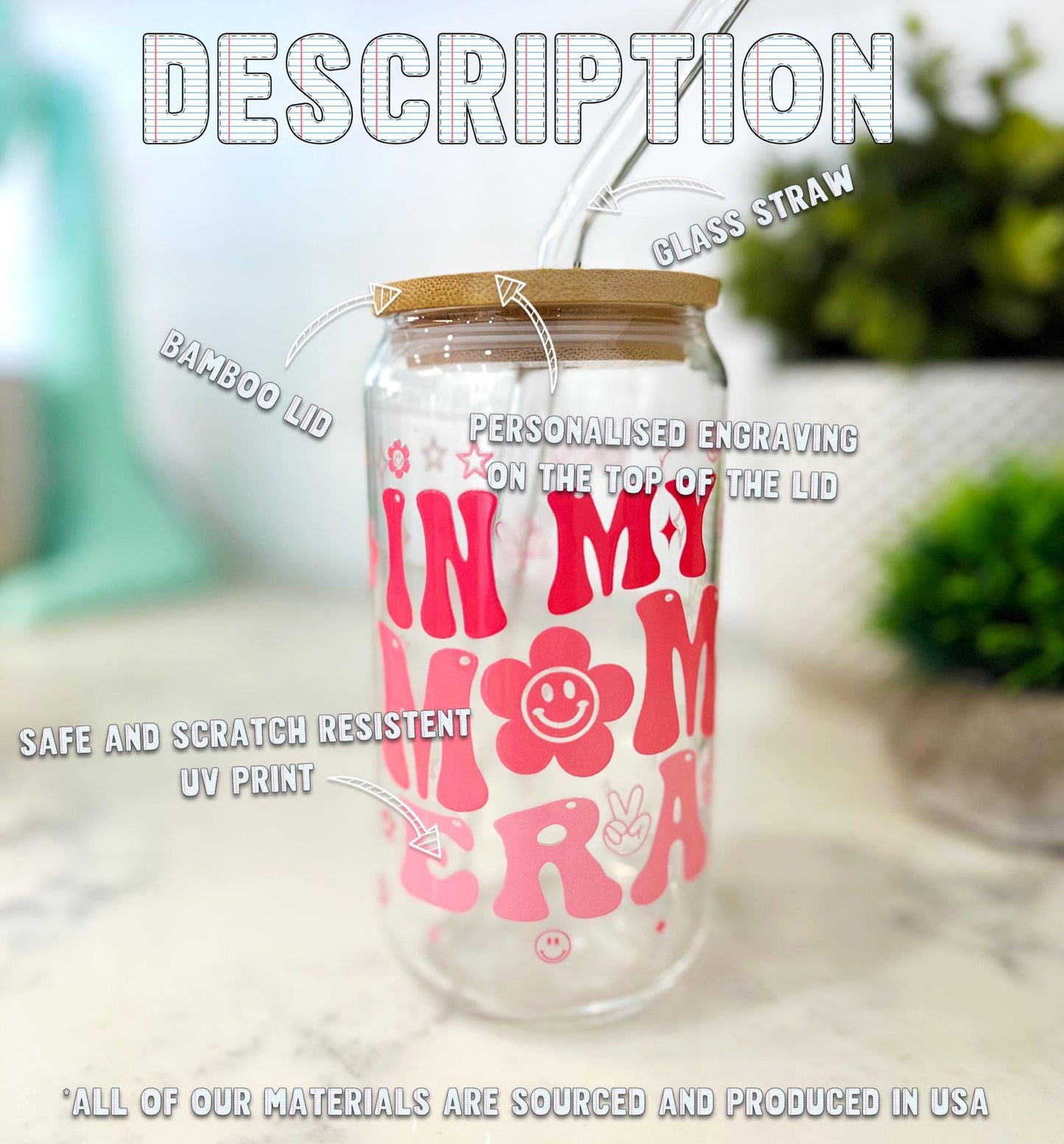 Personalized Iced Coffee Glass with Bamboo Lid and Straw, Retro Mom Tumbler, Mother's Day Gift, Groovy Mom Life Cup, 16oz Cute Mom Glass
