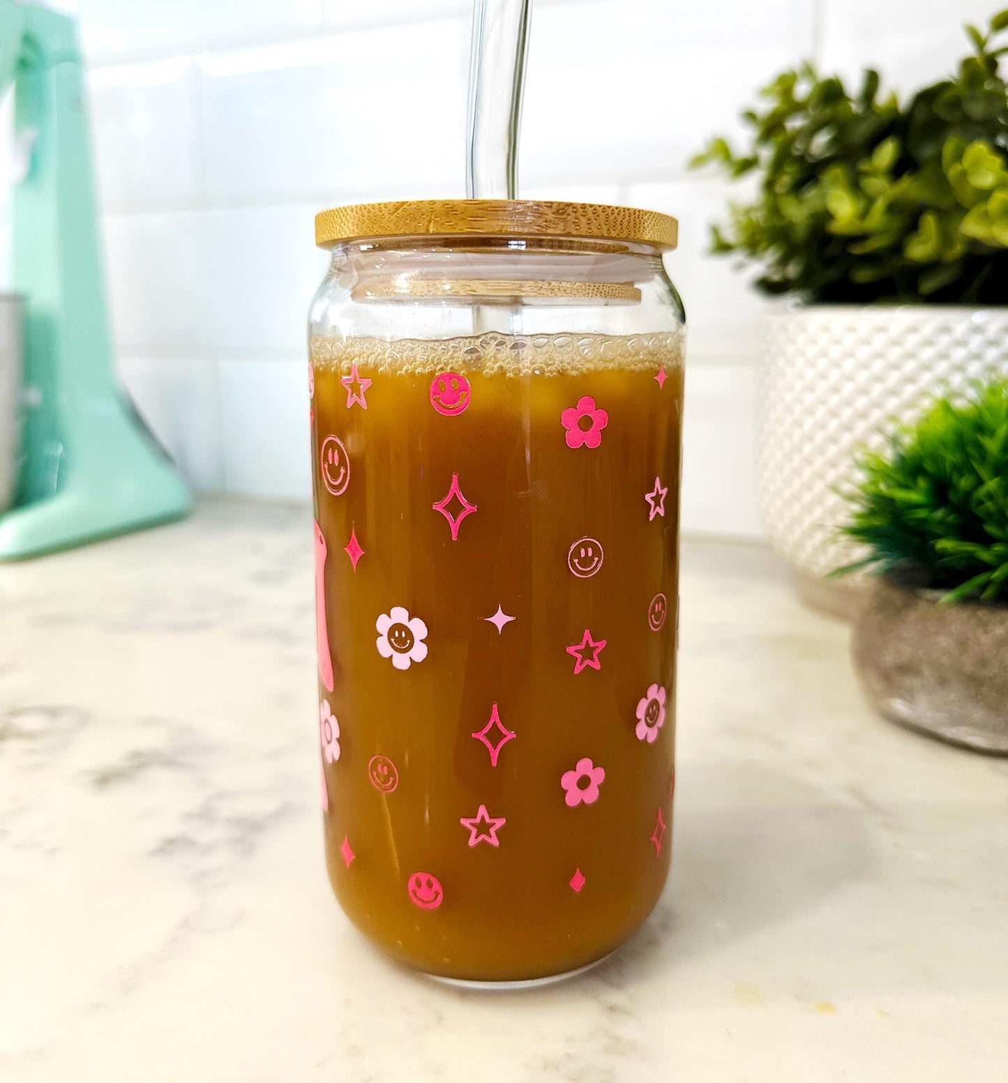 Personalized Iced Coffee Glass with Bamboo Lid and Straw, Retro Mom Tumbler, Mother's Day Gift, Groovy Mom Life Cup, 16oz Cute Mom Glass