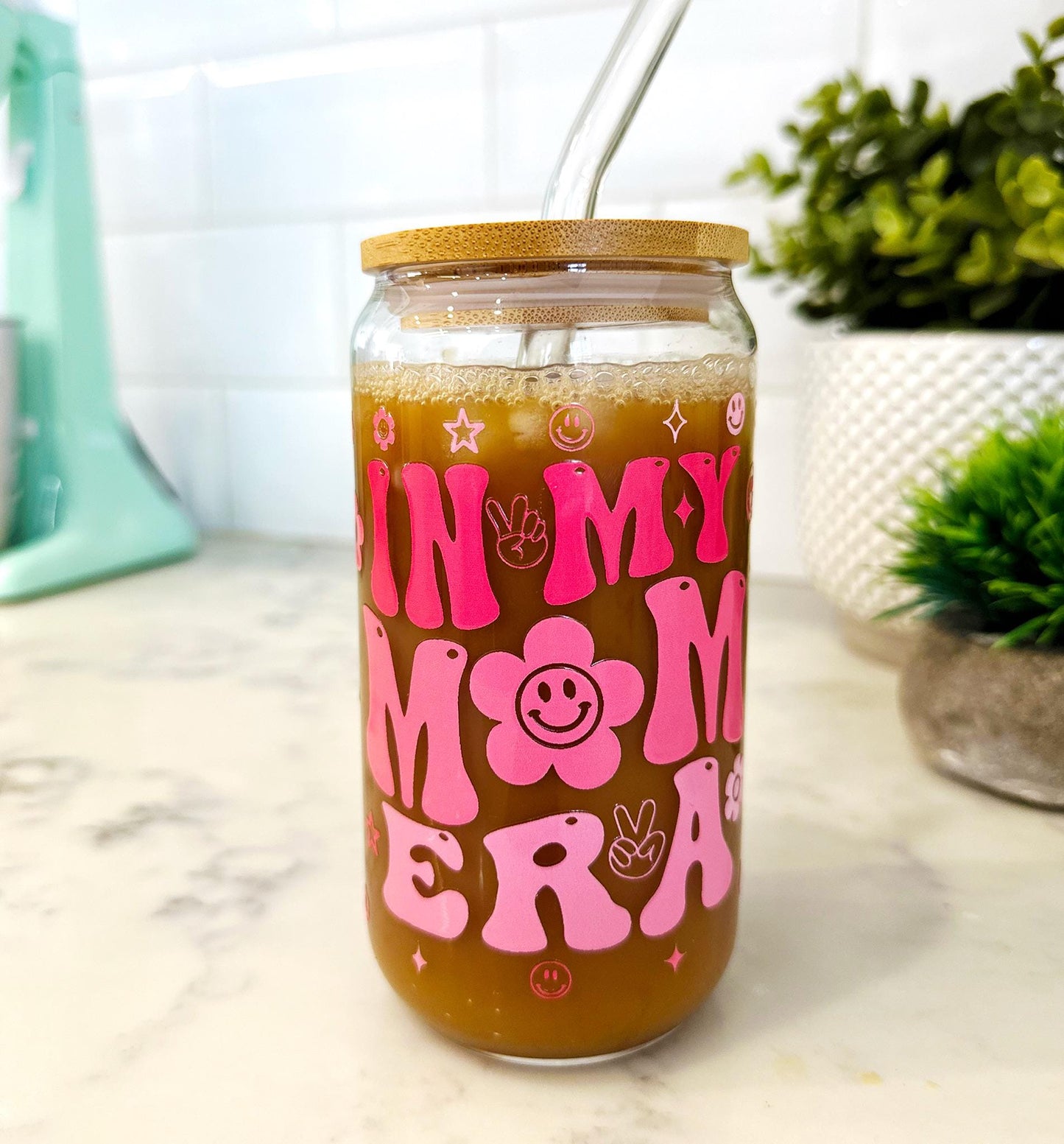 Personalized Iced Coffee Glass with Bamboo Lid and Straw, Retro Mom Tumbler, Mother's Day Gift, Groovy Mom Life Cup, 16oz Cute Mom Glass