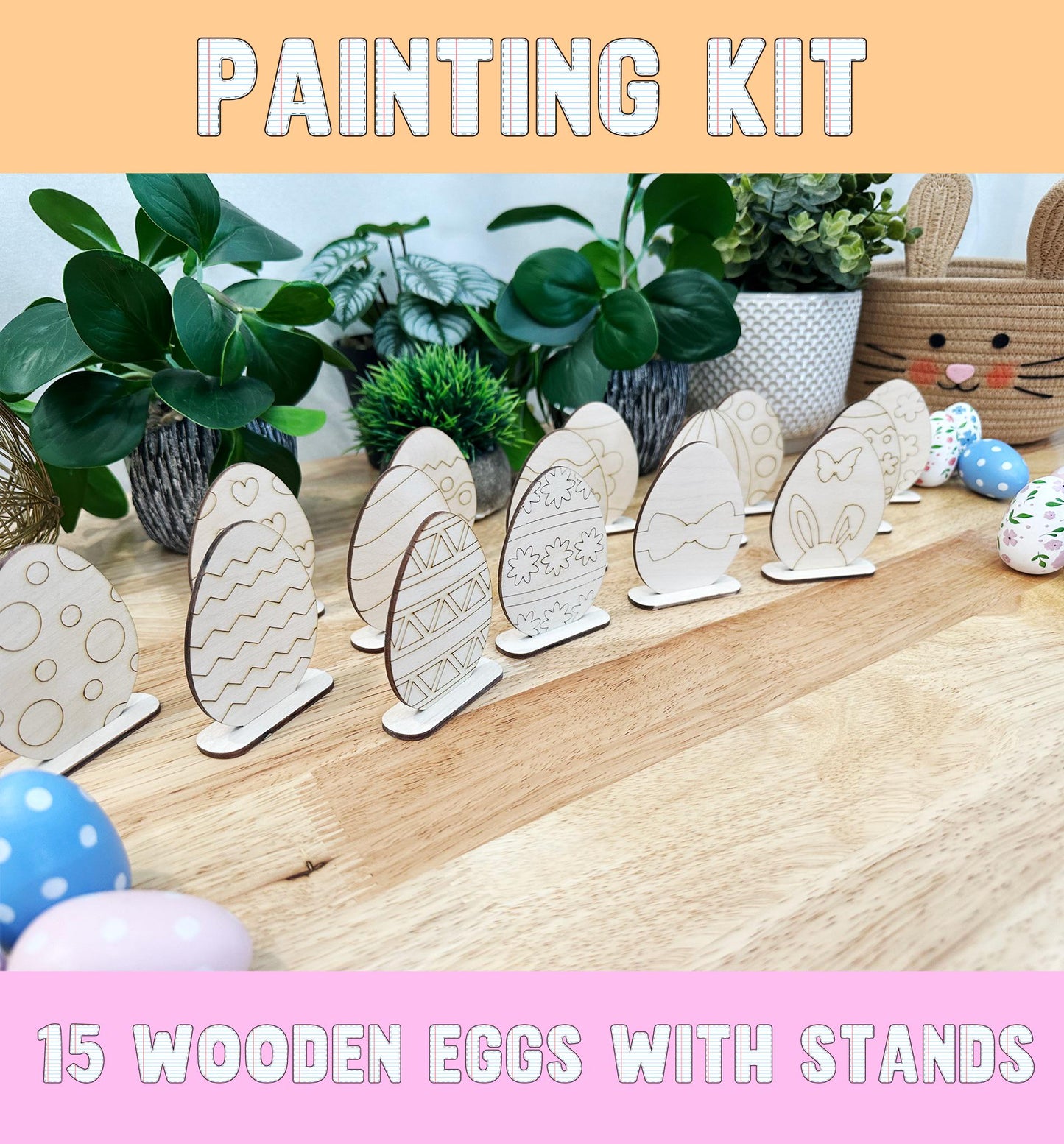 DIY Easter Egg Painting Kit – 15 DIY Standing Eggs with Paints and Brushes – Wooden Eggs for Painting – DIY Art Kit for Kids and Adults