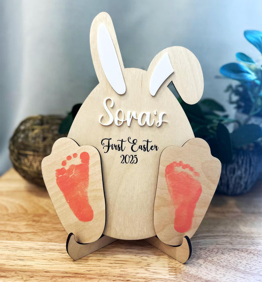 Personalized Wooden Bunny Easter Keepsake | Custom Name & Footprint | Baby’s First Easter Gift | Handprint Memory Display