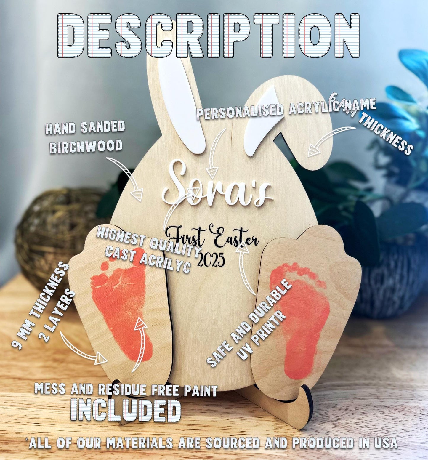 Personalized Wooden Bunny Easter Keepsake | Custom Name & Footprint | Baby’s First Easter Gift | Handprint Memory Display