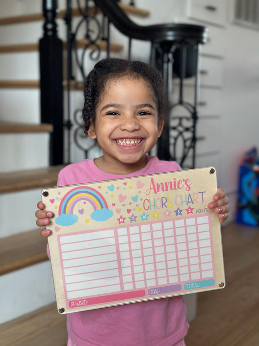 Custom Kids Chore Chart with Name • Dry Erase Routine Board for Toddlers & Kids • Reward Chart with Marker and Eraser • Rainbow Design