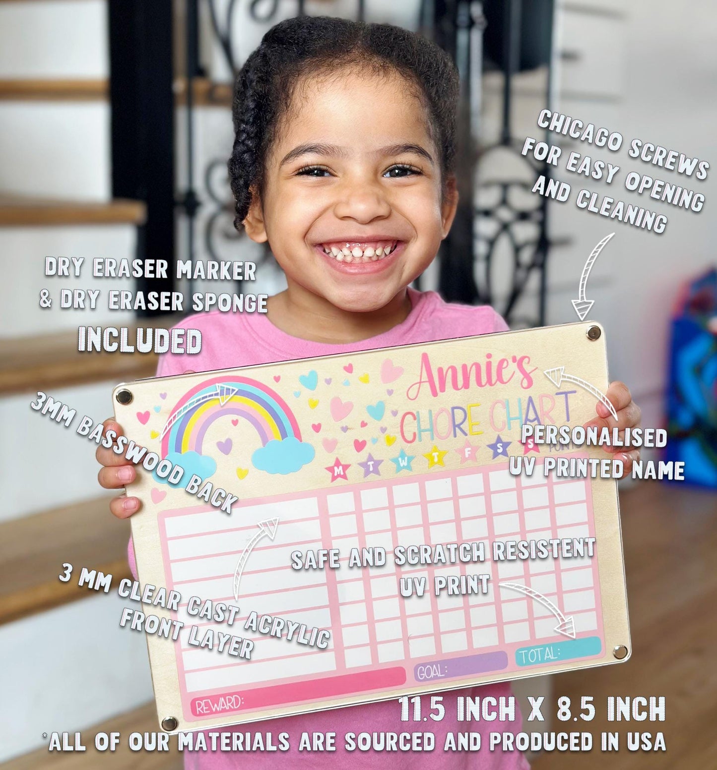 Custom Kids Chore Chart with Name • Dry Erase Routine Board for Toddlers & Kids • Reward Chart with Marker and Eraser • Rainbow Design