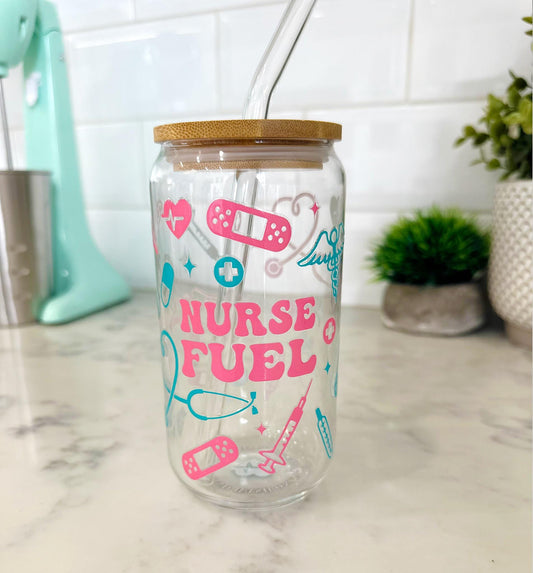 Personalized Iced Coffee Glass with Bamboo Lid & Straw , 16oz glass cup, Custom Name Engraving – Nurse Gift – Healthcare Worker gift