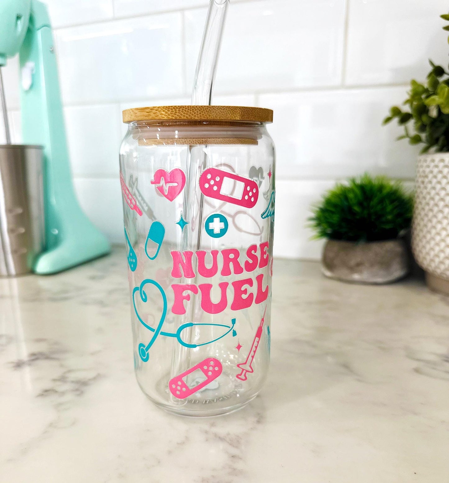 Personalized Iced Coffee Glass with Bamboo Lid & Straw , 16oz glass cup, Custom Name Engraving – Nurse Gift – Healthcare Worker gift