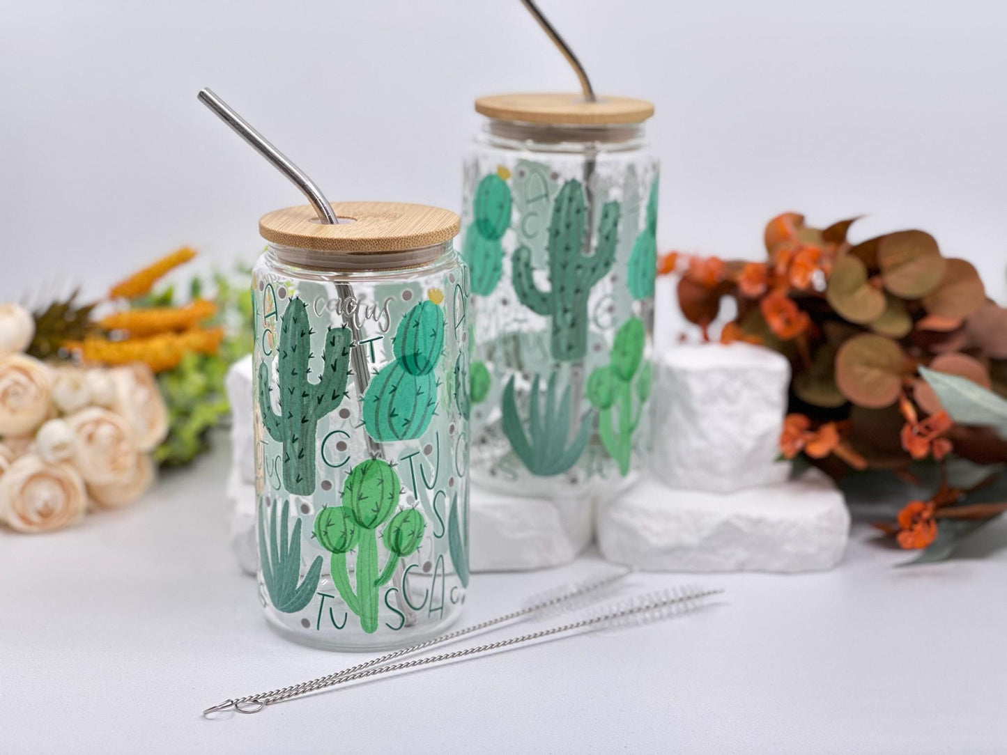 Personalized Iced Coffee Cup – Cactus Glass Tumbler with Lid – Plant Lover Gift – Boho Summer Aesthetic – 16oz Custom Cup