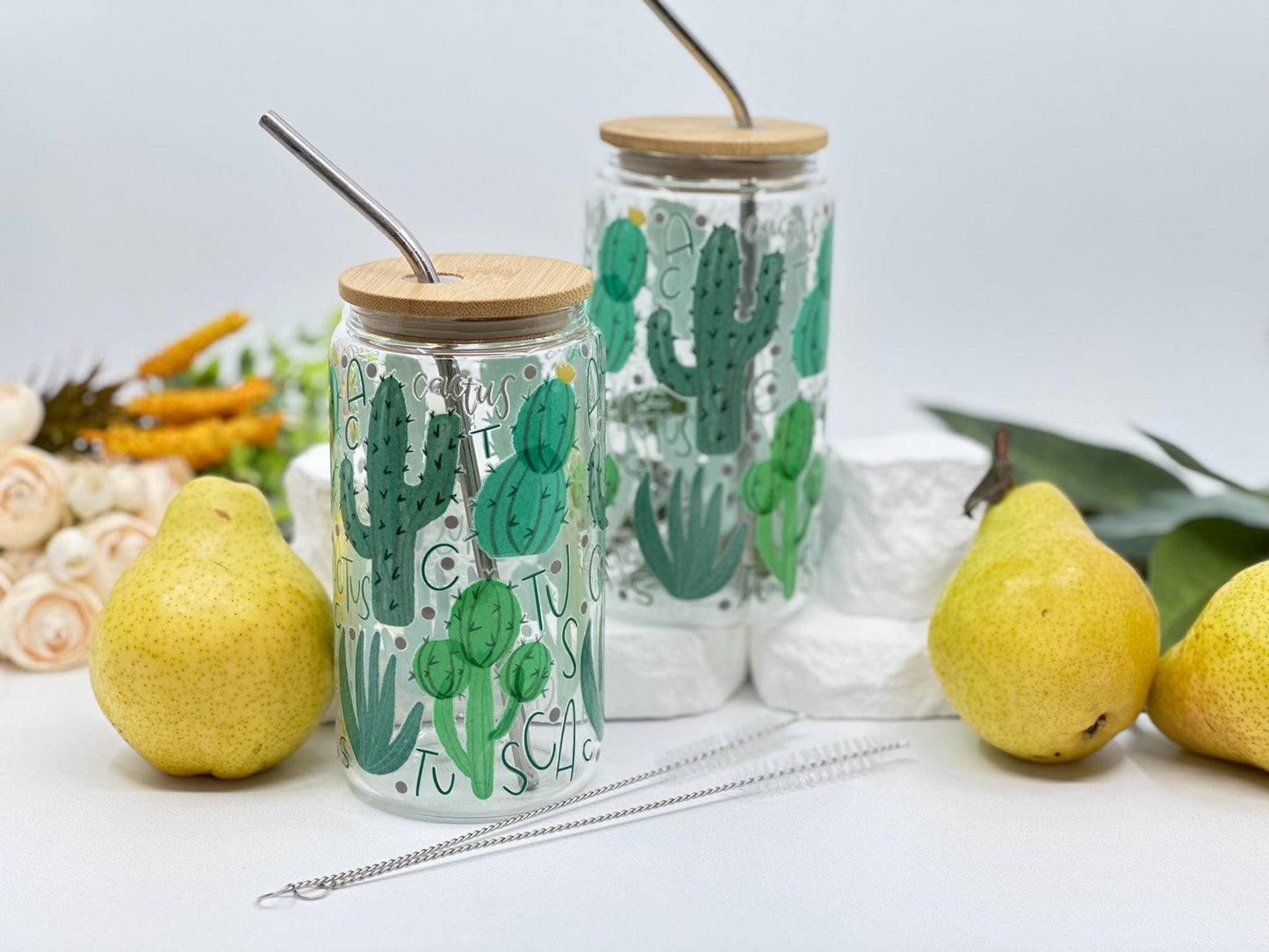 Personalized Iced Coffee Cup – Cactus Glass Tumbler with Lid – Plant Lover Gift – Boho Summer Aesthetic – 16oz Custom Cup