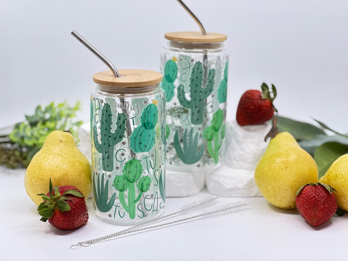 Personalized Iced Coffee Cup – Cactus Glass Tumbler with Lid – Plant Lover Gift – Boho Summer Aesthetic – 16oz Custom Cup