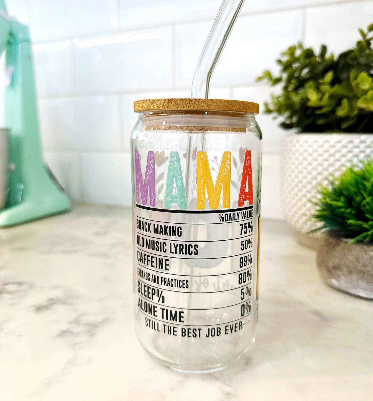Personalized Mama Iced Coffee Glass with Bamboo Lid and Straw, Funny Mom Tumbler, Mother's Day Gift, Custom Mom Glass, Cute Mom Life Cup