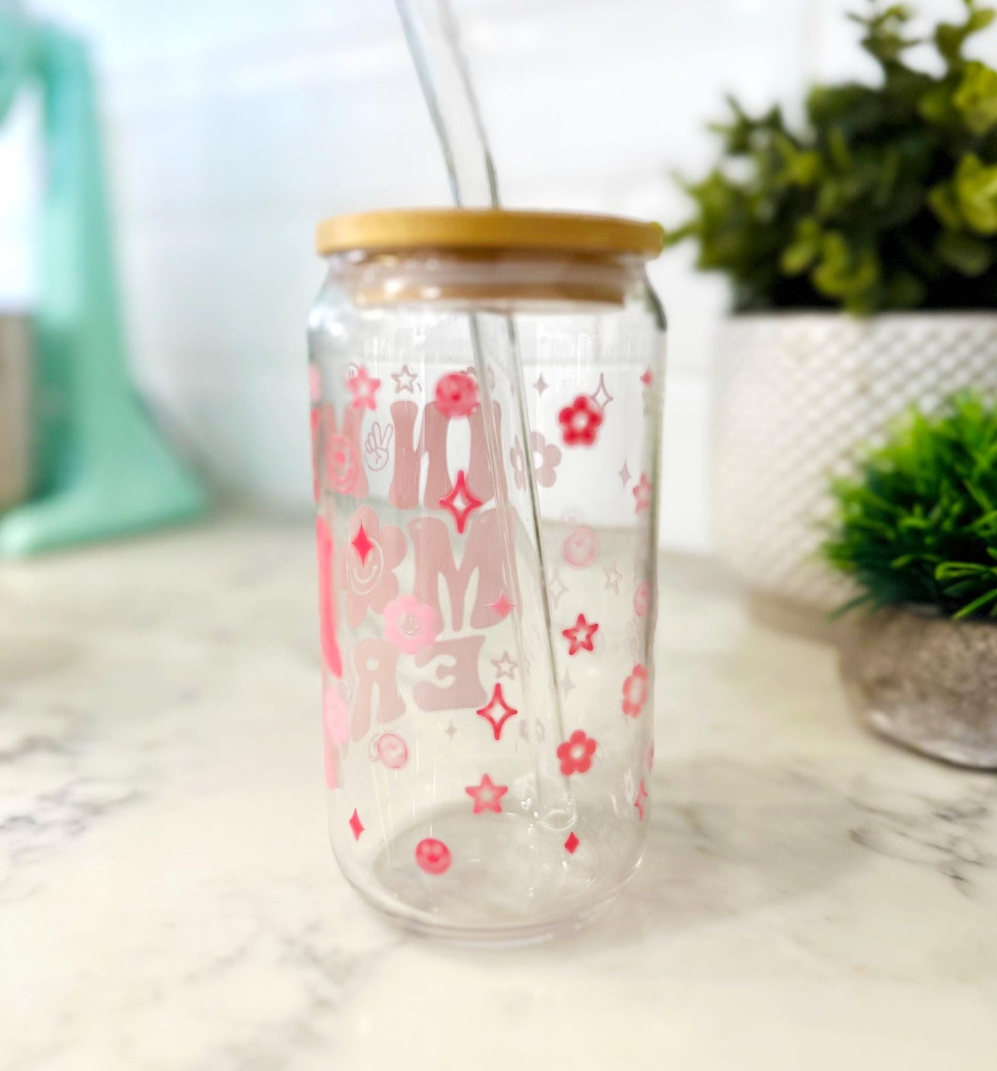 Personalized Iced Coffee Glass with Bamboo Lid and Straw, Retro Mom Tumbler, Mother's Day Gift, Groovy Mom Life Cup, 16oz Cute Mom Glass