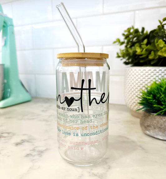 Personalized Mama Iced Coffee Glass with Bamboo Lid and Straw, Mother's Day Gift, Custom Mom Definition Cup, Cute Mama Life Glass
