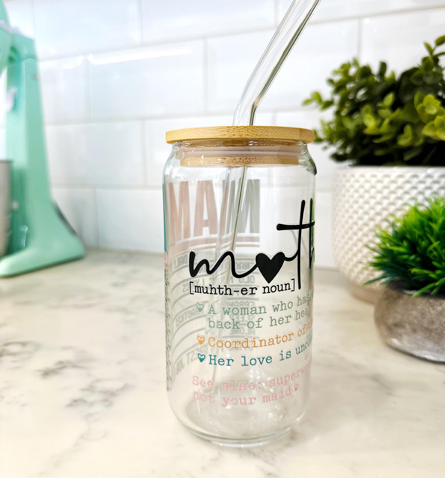 Personalized Mama Iced Coffee Glass with Bamboo Lid and Straw, Mother's Day Gift, Custom Mom Definition Cup, Cute Mama Life Glass