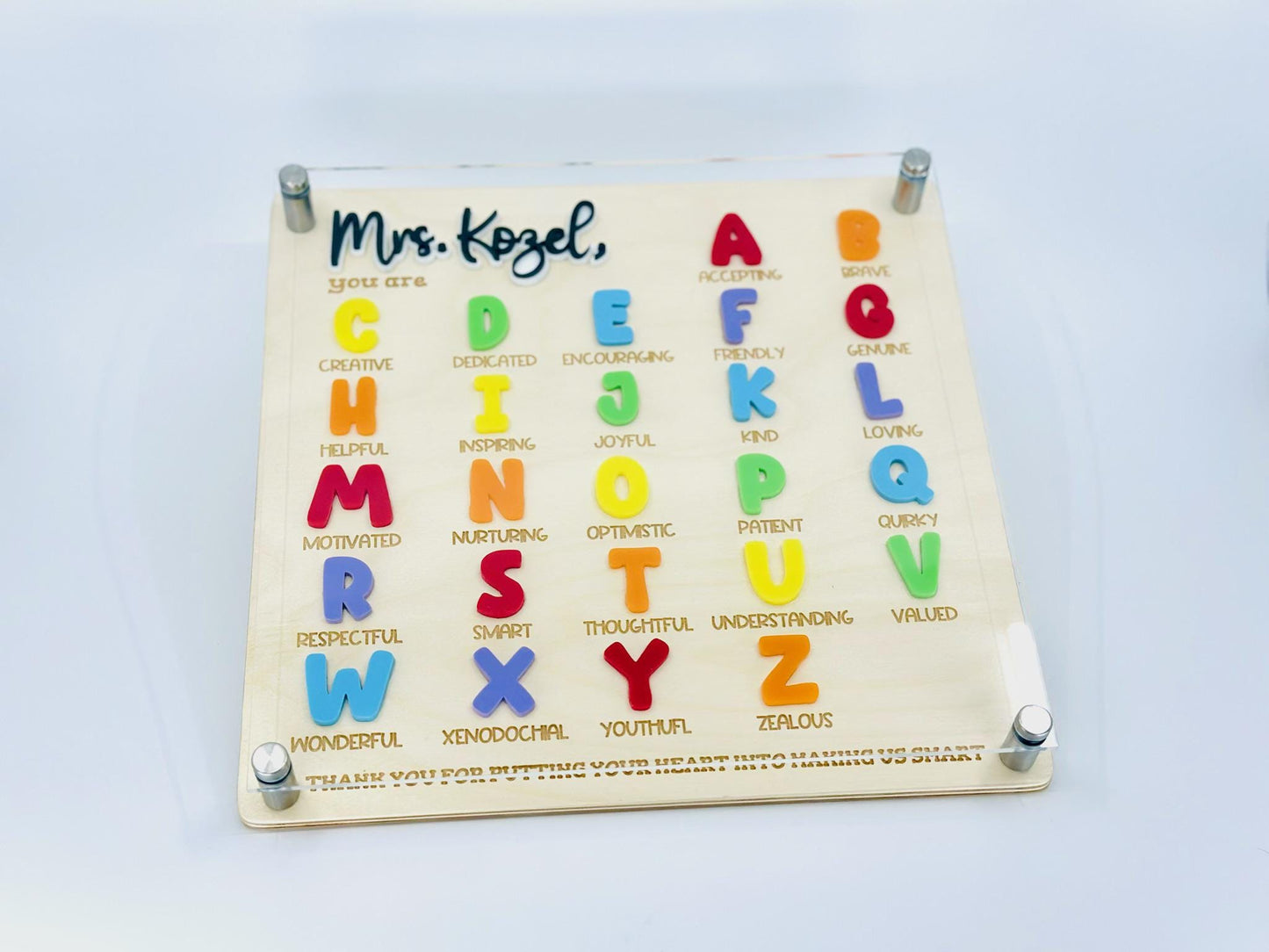 Personalized Teacher Gift A-Z Acrylic Name Sign – Custom Thank You Classroom Decor – End of Year Teacher Appreciation Gift for Her or Him