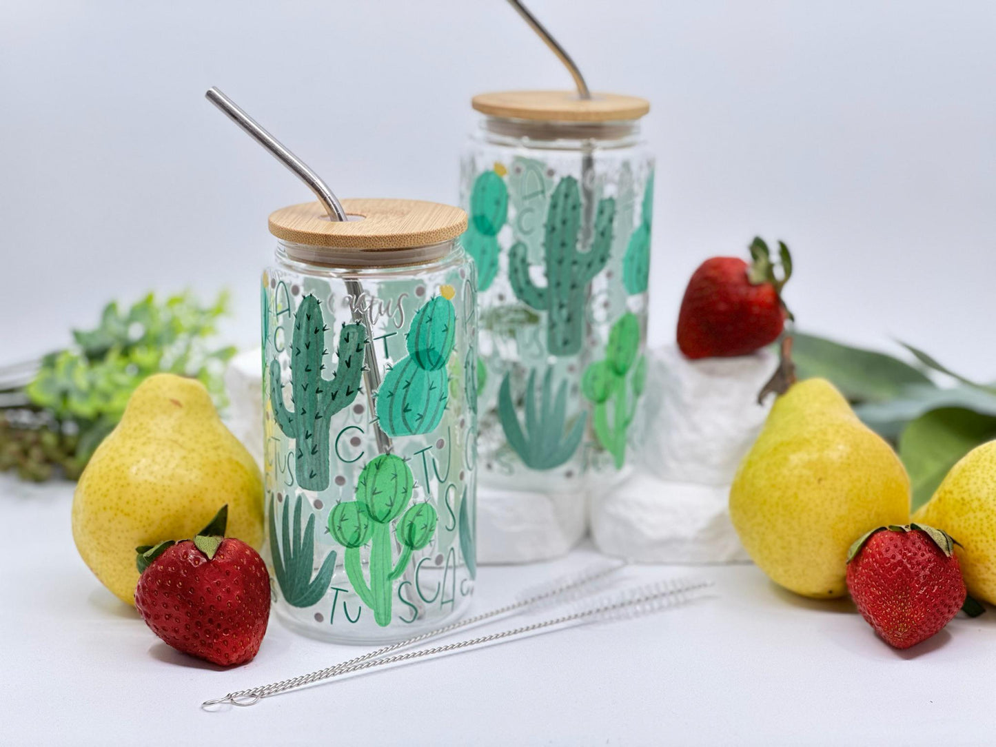Personalized Iced Coffee Cup – Cactus Glass Tumbler with Lid – Plant Lover Gift – Boho Summer Aesthetic – 16oz Custom Cup