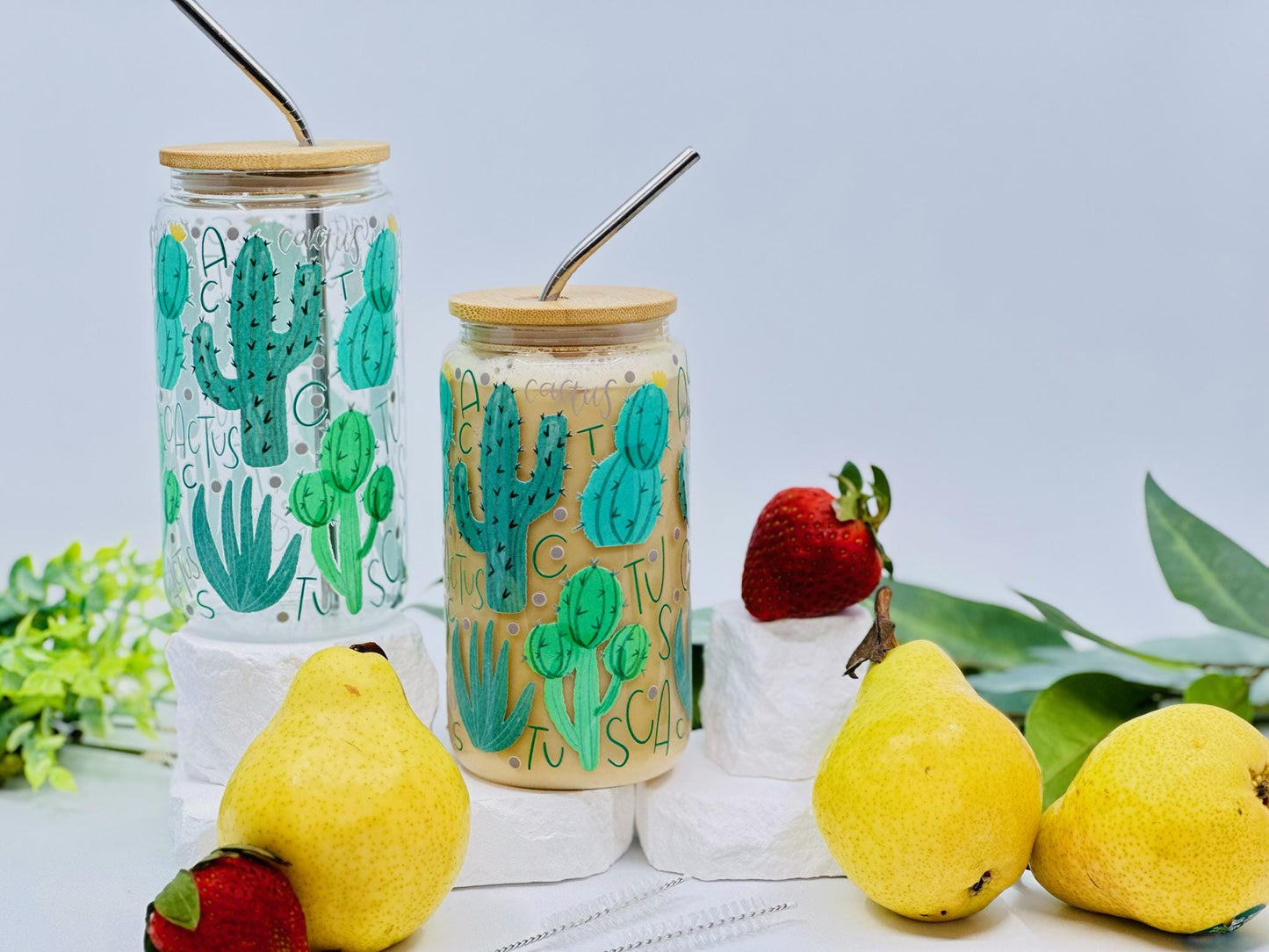 Personalized Iced Coffee Cup – Cactus Glass Tumbler with Lid – Plant Lover Gift – Boho Summer Aesthetic – 16oz Custom Cup