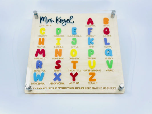 Personalized Teacher Gift A-Z Acrylic Name Sign – Custom Thank You Classroom Decor – End of Year Teacher Appreciation Gift for Her or Him