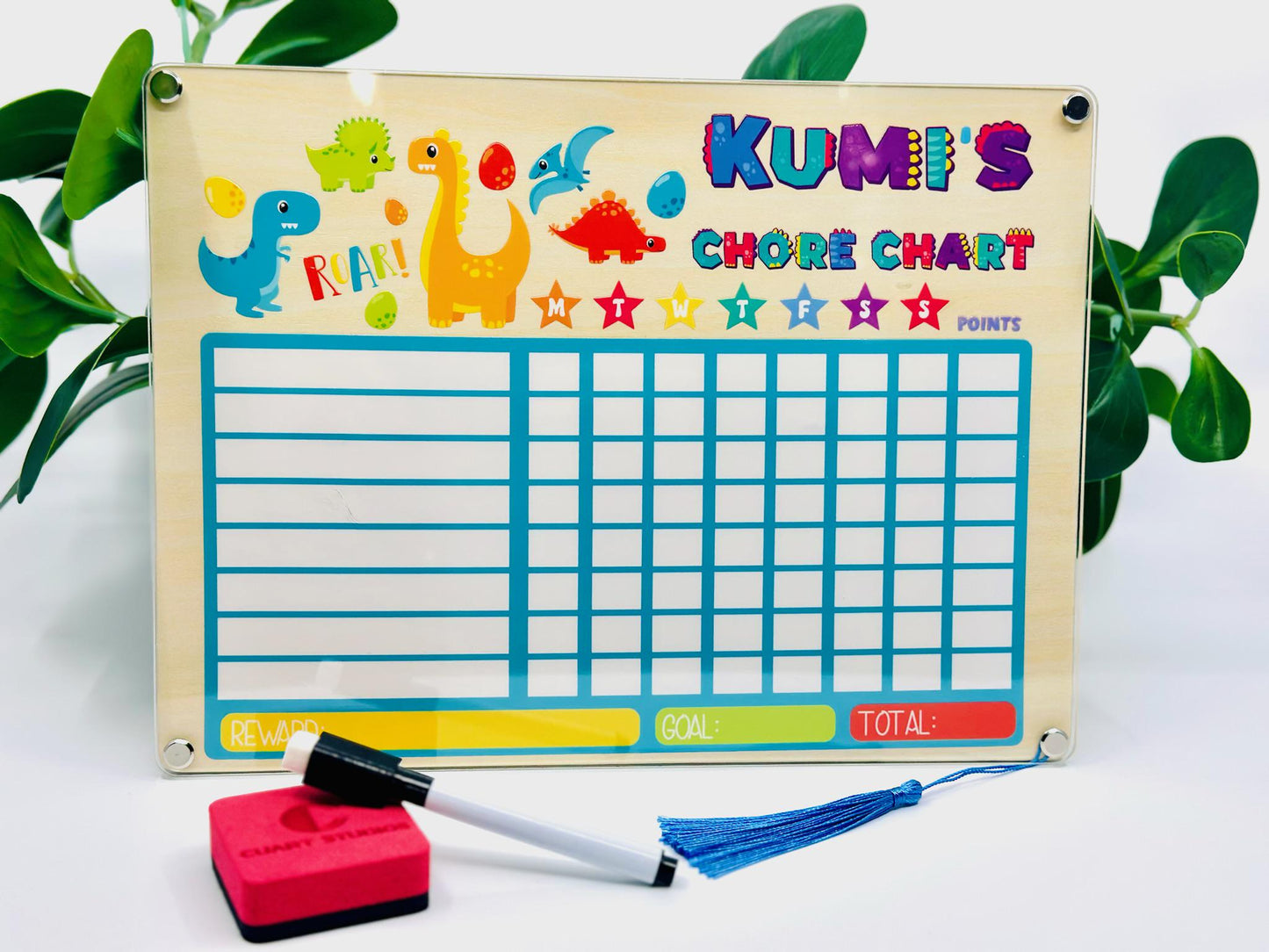 Custom Kids Chore Chart with Name • Dry Erase Routine Board for Toddlers & Kids • Reward Chart with Marker and Eraser • Dinosaur Design