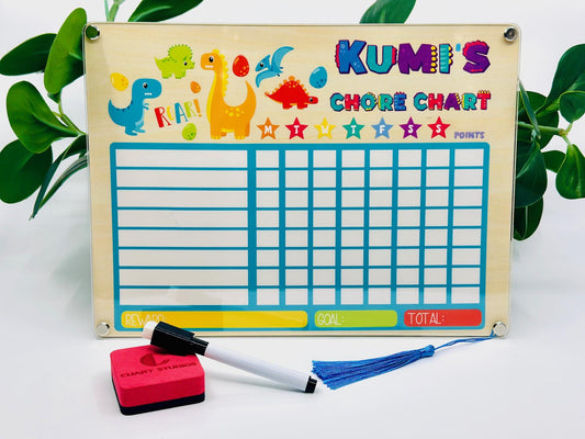 Custom Kids Chore Chart with Name • Dry Erase Routine Board for Toddlers & Kids • Reward Chart with Marker and Eraser • Dinosaur Design
