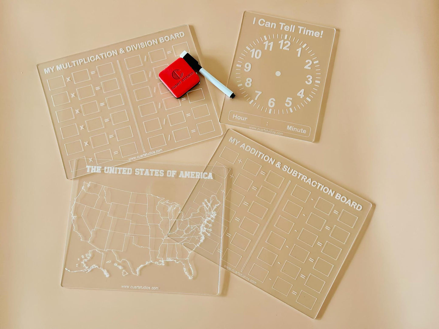 Set of 4 Educational Dry Erase Boards – Math Boards, United States Map, Telling Time, Learning Tools for Kids, Homeschool & Classroom Use
