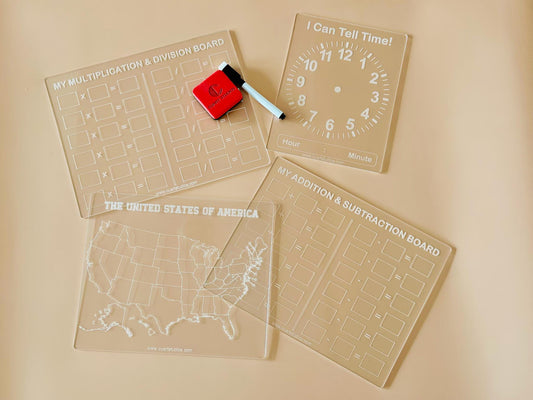 Set of 4 Educational Dry Erase Boards – Math Boards, United States Map, Telling Time, Learning Tools for Kids, Homeschool & Classroom Use