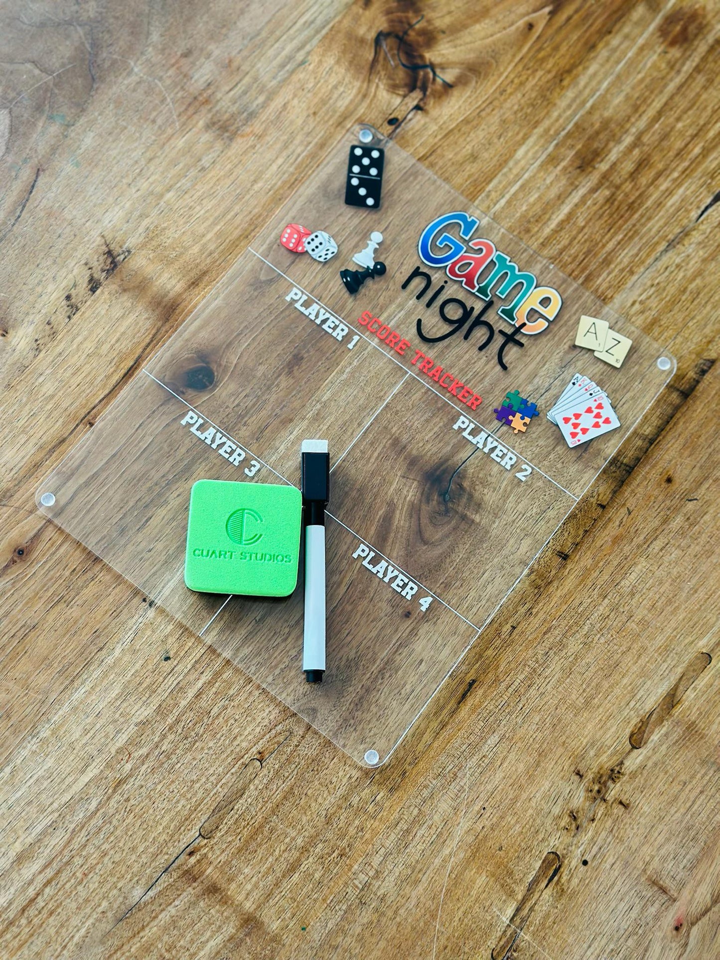 Game Night Scoreboard • Acrylic Dry Erase Score Tracker for 4 Players • Family Board Game Accessory