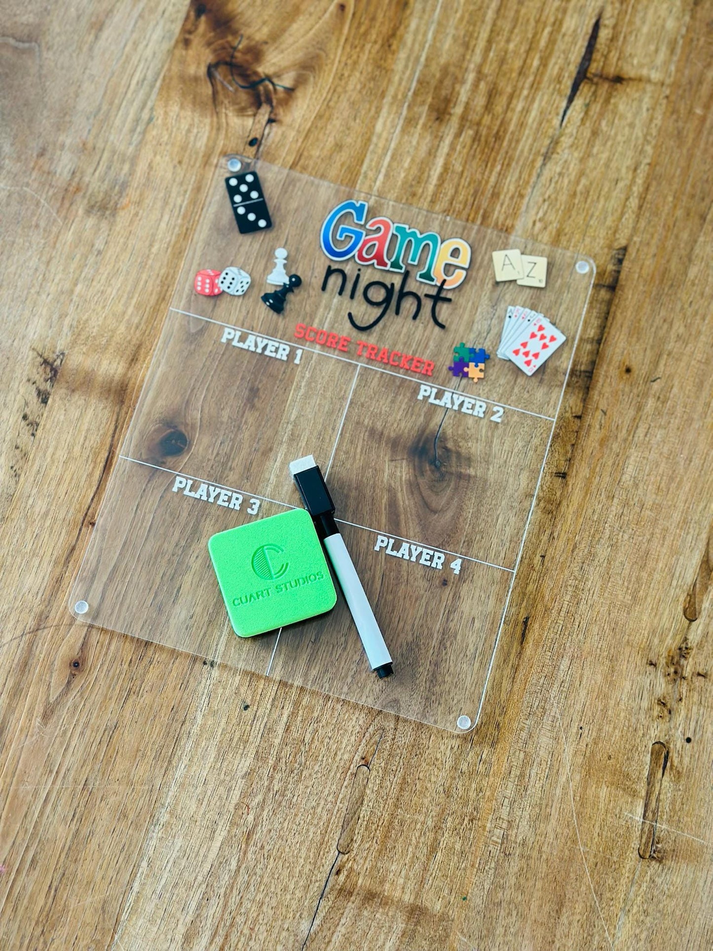 Game Night Scoreboard • Acrylic Dry Erase Score Tracker for 4 Players • Family Board Game Accessory