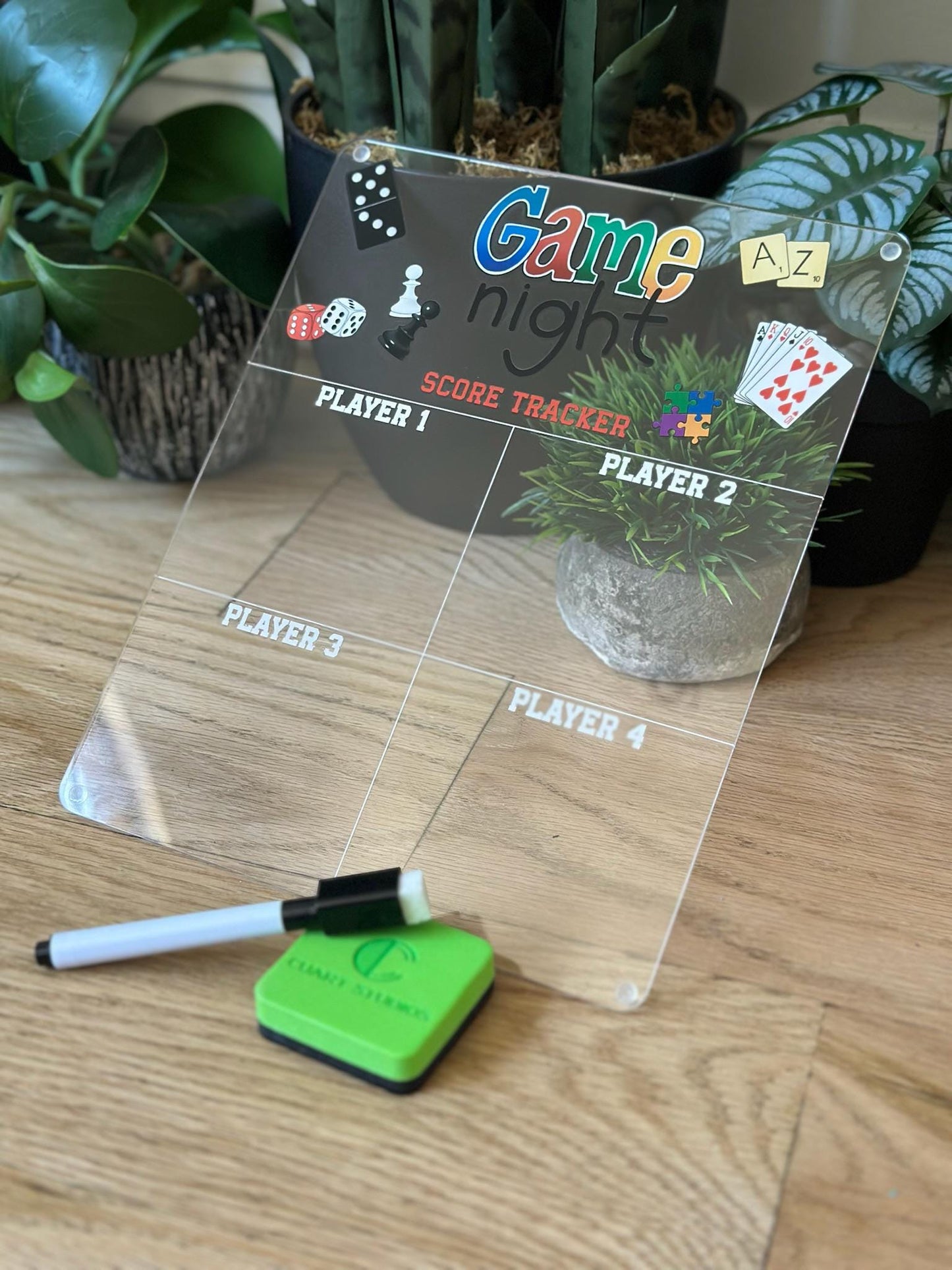 Game Night Scoreboard • Acrylic Dry Erase Score Tracker for 4 Players • Family Board Game Accessory