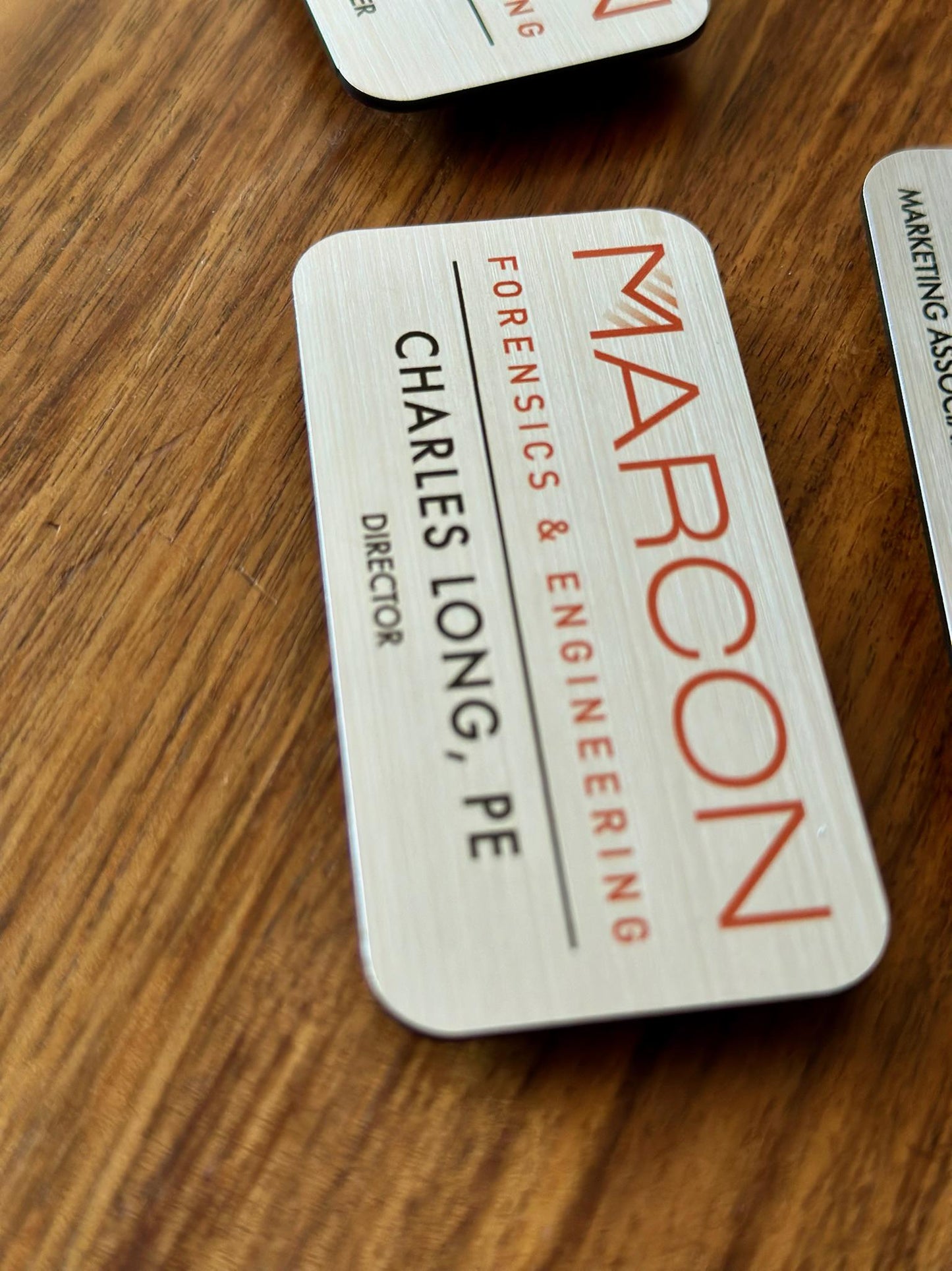 Custom Business Name Tags • Brushed Metal Acrylic Engraved Badges • Personalized Company Logo & Employee ID Tags