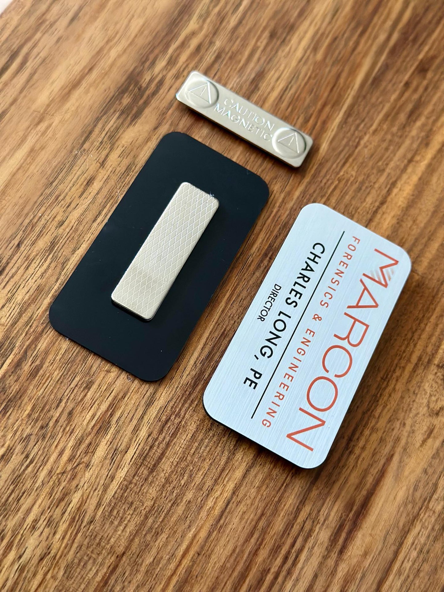 Custom Business Name Tags • Brushed Metal Acrylic Engraved Badges • Personalized Company Logo & Employee ID Tags