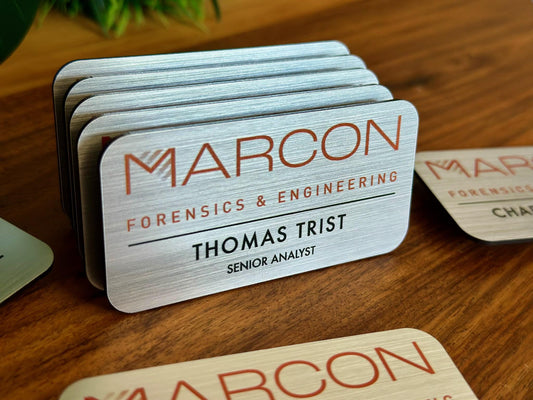Custom Business Name Tags • Brushed Metal Acrylic Engraved Badges • Personalized Company Logo & Employee ID Tags